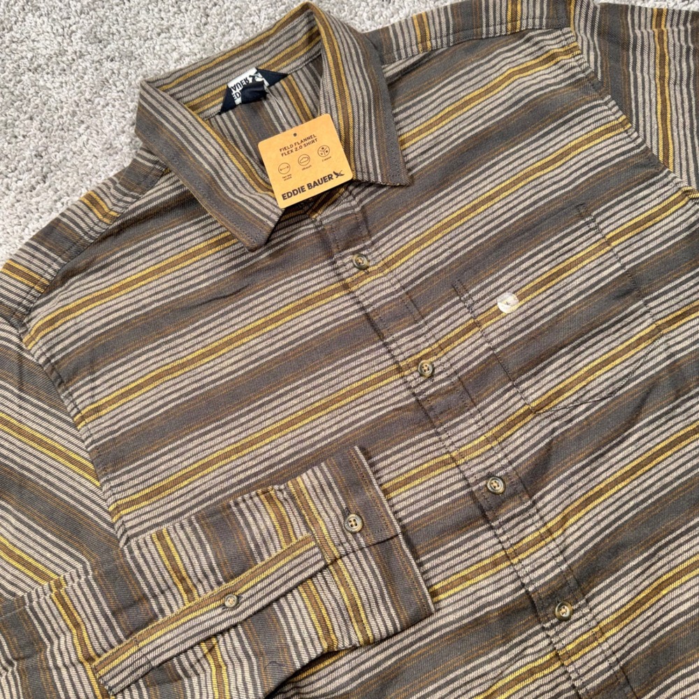 Eddie Bauer Field Flannel Flex 2.0 Mens Stretch Shirt Dark Fatigue L NEW